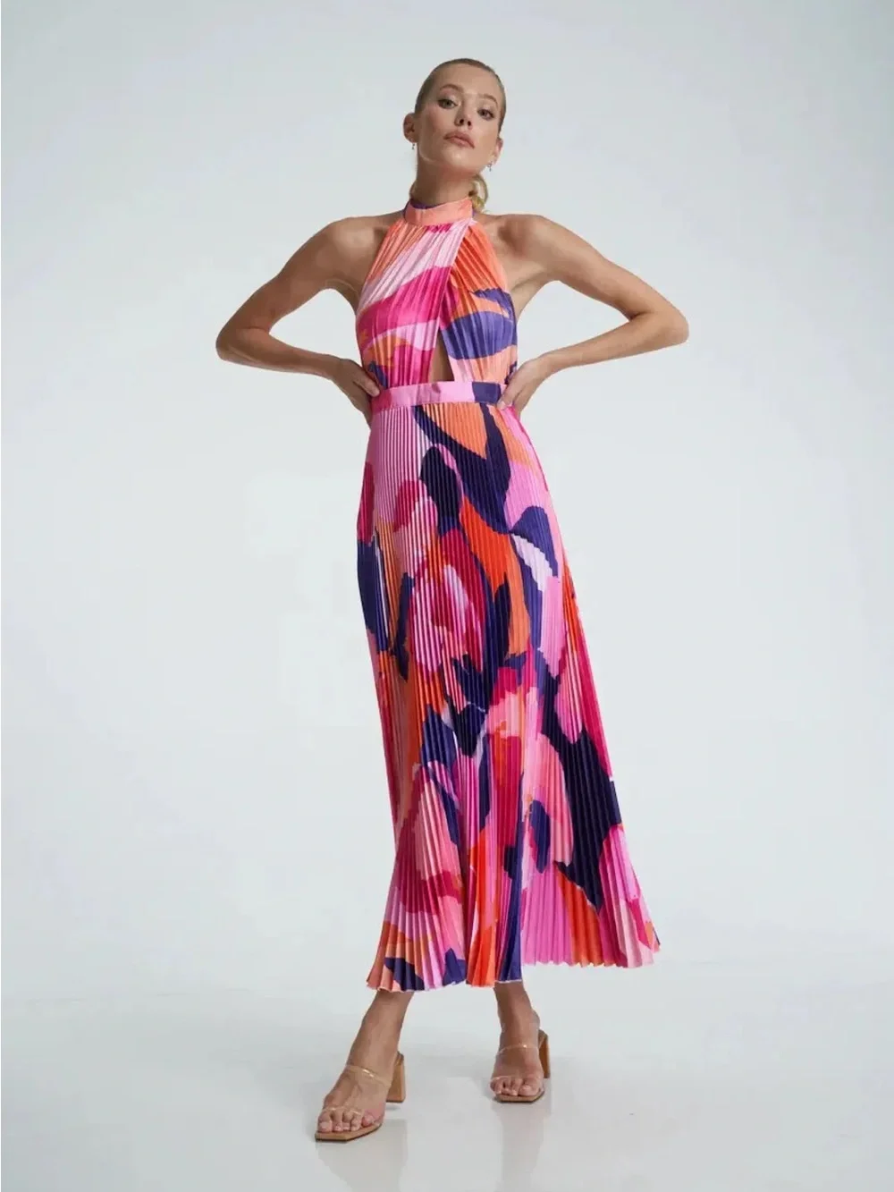REVOLVE Halter Pleated Midi Dress in Pink, Orange & Navy Abstract Print
